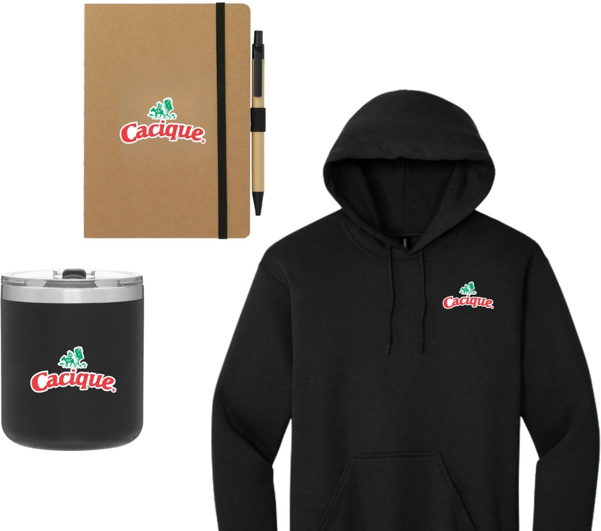 Cacique branded new hire kit: Gildan® Heavy Blend™ Hooded Sweatshirt, spark 12 oz., 5" x 7" FSC® Recycled Notebook & Pen Set