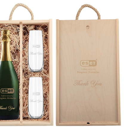 Laser-Engraved Wood Box w/Custom Etched Sparkling Wine Bottle + Flutes
