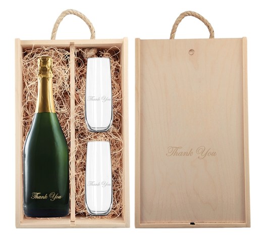 Laser-Engraved Wood Box w/Custom Etched Sparkling Wine Bottle + Flutes