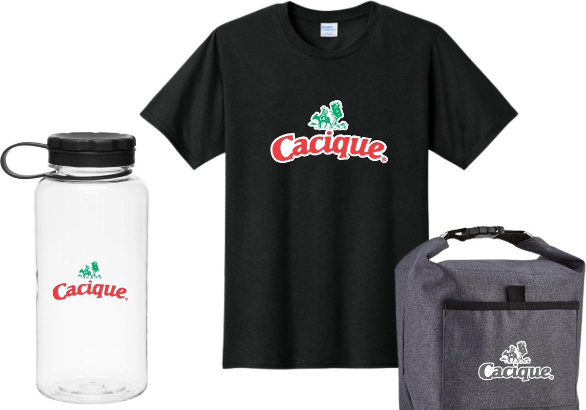 Cacique branded new hire kit: Port & Co.™ Fan Favorite™ Tee, 8285 | Roll-It™ Lunch Bag, h2go wide 2.0 34 oz.