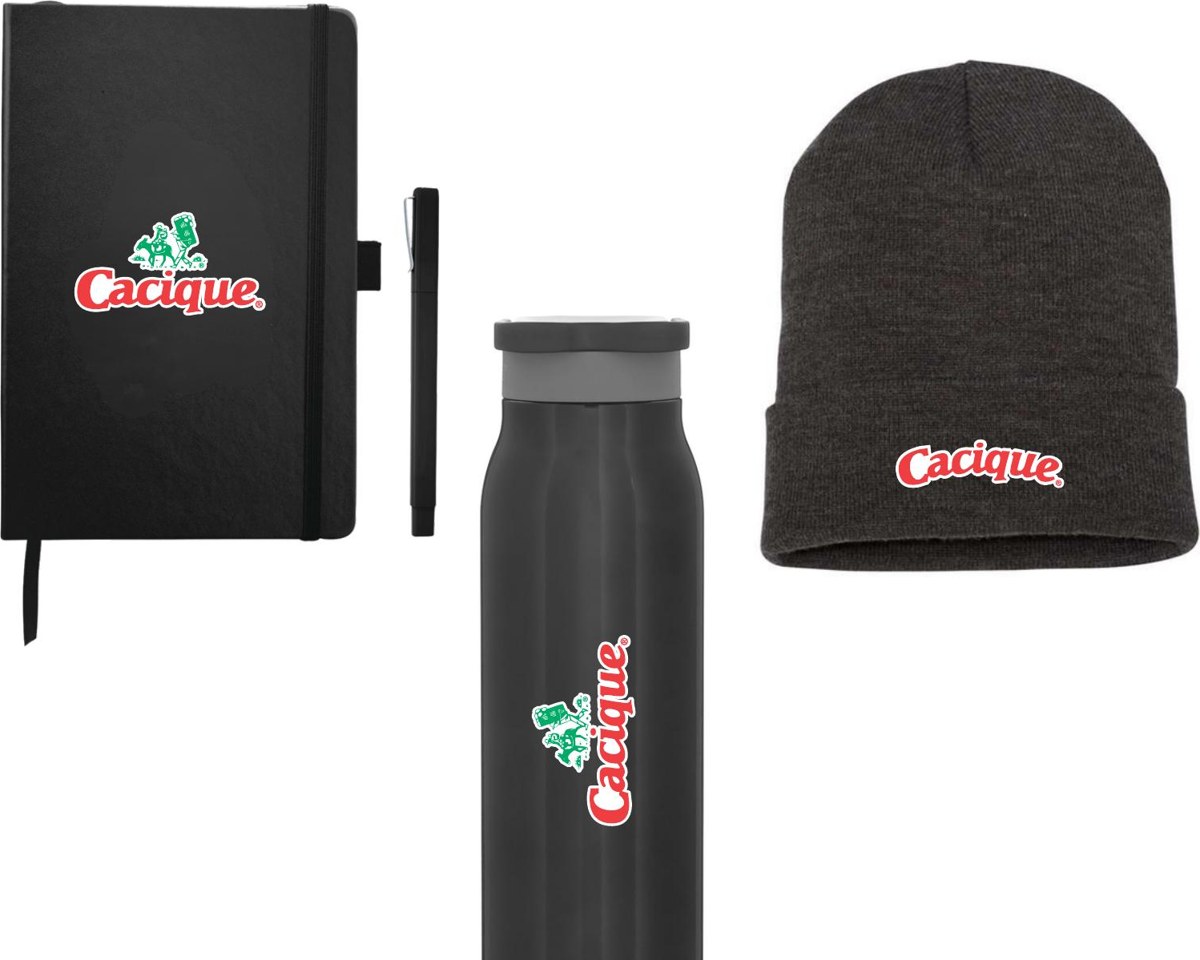 Cacique branded new hire kit: Nova Bound Journal Bundle Set, Cuffed Beanie – 1501KC, h2go flex 20 oz.