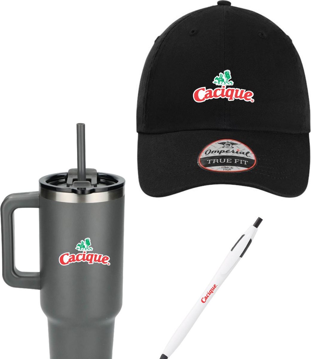 Cacique branded new hire kit: Imperial The Original Buckle Dad Hat, Cougar Retractable Ballpoint Pen, Pinnacle 40 oz. Vacuum Insulated